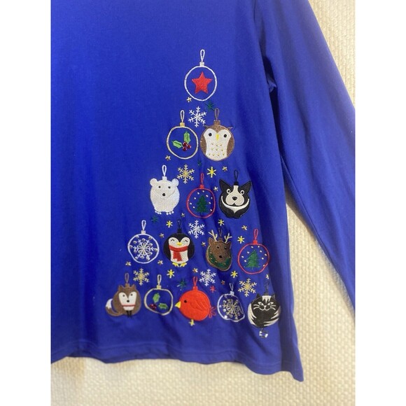 Serengeti Women's XL Long Sleeve Blue Embroidered Tree Christmas Office Party - Picture 2 of 6
